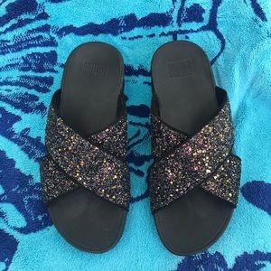 Fitflop Lulu slide sandals black sparkle